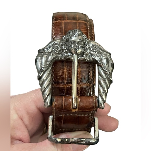 Brighton vintage brown faux croc embossed leather belt silver cherub buckle main image 7